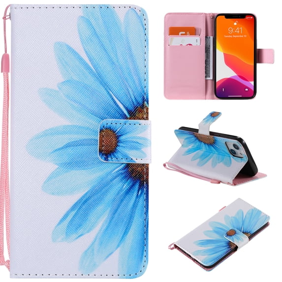 Allytech Flip PU Leather Case for iPhone 14 Plus 5G 2022 (6.1 inch), Hands Free Stand Magnetic Closure TPU Bumper Anti-Scratch Case for Apple iPhone 14 Plus, Blue Sunflower
