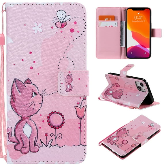 Allytech Flip PU Leather Case for iPhone 14 Plus 5G 2022 (6.1 inch), Hands Free Stand Magnetic Closure TPU Bumper Anti-Scratch Case for Apple iPhone 14 Plus, Pink Cat