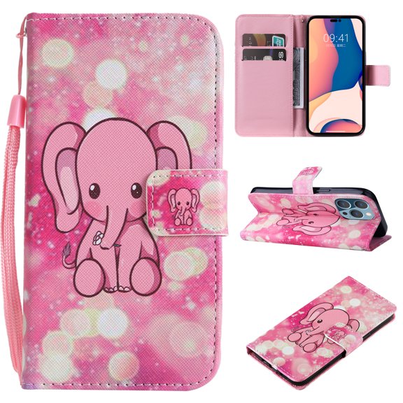 Allytech Flip PU Leather Case for iPhone 14 Pro 5G 2022 (6.1 inch), Hands Free Stand Magnetic Closure TPU Bumper Anti-Scratch Case for Apple iPhone 14 Pro, Cute Elephant