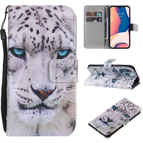 Allytech Flip PU Leather Case for iPhone 14 Pro 5G 2022 (6.1 inch), Hands Free Stand Magnetic Closure TPU Bumper Anti-Scratch Case for Apple iPhone 14 Pro, White Leopard