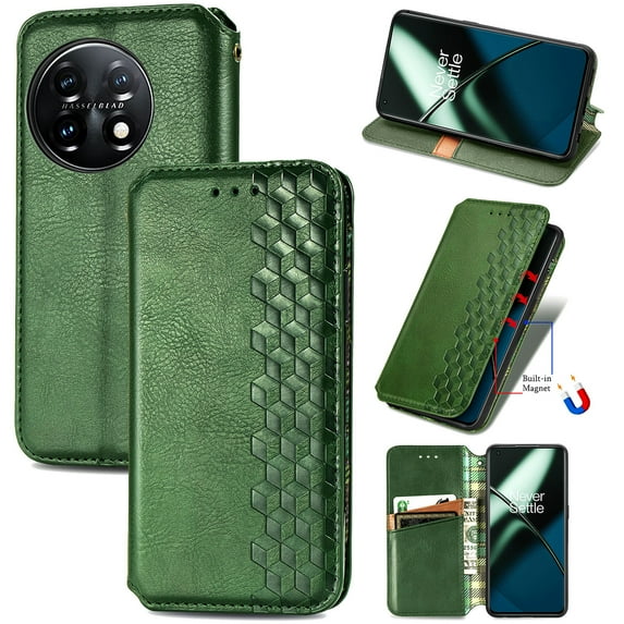 Allytech Flip Wallet Case for OnePlus 12R, Premium PU Leather Luxury Case with Kickstand & Card Slots, Magnetic Closure Inner Soft TPU Shockproof Protective Case for Women Men - Green