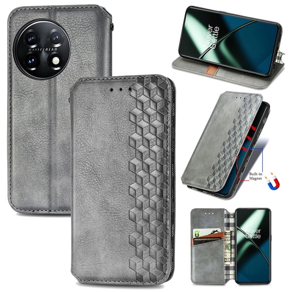 Allytech Flip Wallet Case for OnePlus 12R, Premium PU Leather Luxury Case with Kickstand & Card Slots, Magnetic Closure Inner Soft TPU Shockproof Protective Case for Women Men - Gray