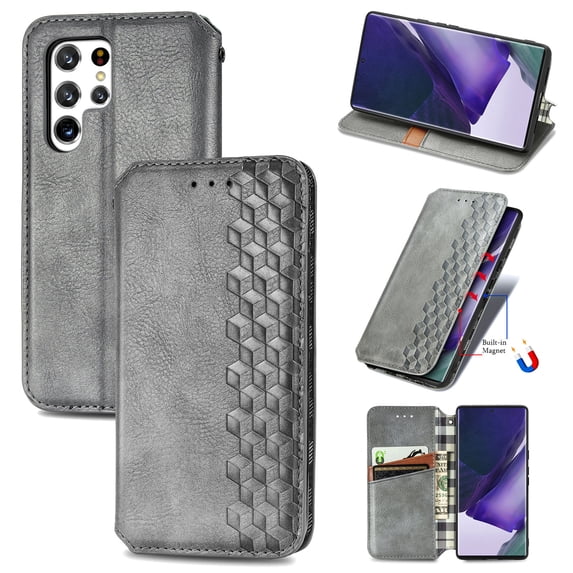 Allytech Flip Wallet Case for Samsung Galaxy S22 Ultra, Premium PU Leather Luxury Case with Kickstand & Card Slots, Magnetic Closure Inner Soft TPU Shockproof Protective Case for Women Men - Gray