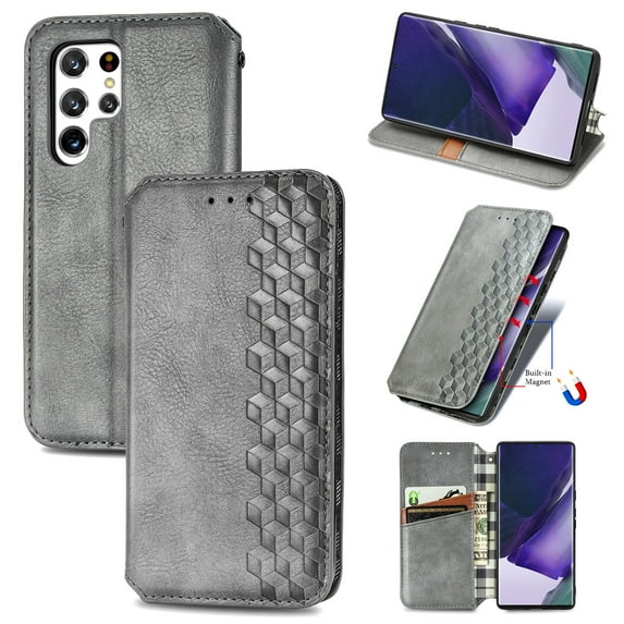 Allytech Flip Wallet Case for Samsung Galaxy S22 Ultra, Premium PU Leather Luxury Case with Kickstand & Card Slots, Magnetic Closure Inner Soft TPU Shockproof Protective Case for Women Men - Gray