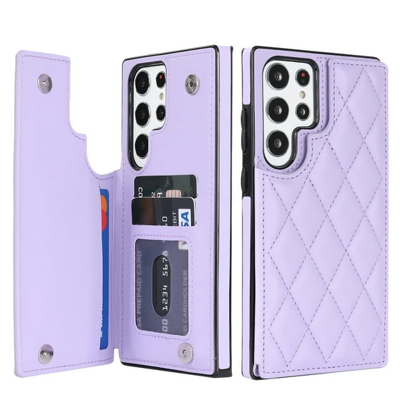 Allytech Flip Wallet Case for Samsung Galaxy S23 Ultra with Card Slots, Premium PU Leather [RFID Blocking] [Double Magnetic Button] Kickstand Shell, Shockproof Anti-Fall Protective Case - Purple