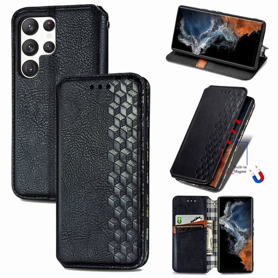 Allytech Flip Wallet Case for Samsung Galaxy S23 Ultra, Premium PU Leather Luxury Case with Kickstand & Card Slots, Magnetic Closure Inner Soft TPU Shockproof Protective Case for Women Men - Black