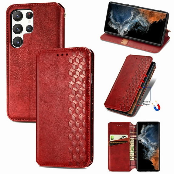 Allytech Flip Wallet Case for Samsung Galaxy S23 Ultra, Premium PU Leather Luxury Case with Kickstand & Card Slots, Magnetic Closure Inner Soft TPU Shockproof Protective Case for Women Men - Red