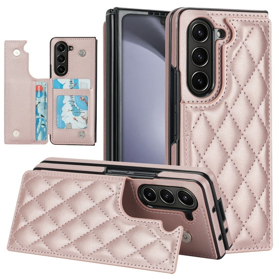 Allytech Flip Wallet Case for Samsung Galaxy Z Fold5 with Card Slots, Premium PU Leather [RFID Blocking] [Double Magnetic Button] Kickstand Shell, Shockproof Anti-Fall Protective Case - Rosegold