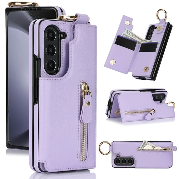 Allytech Flip Wallet Case for Samsung Galaxy Z Fold5, Luxury PU Leather Ring Kickstand Ring Finger Cover with Zipper Pocket Card Slots, Slim Shockproof Drop Protection Case for Galaxy Z Fold5, Purple