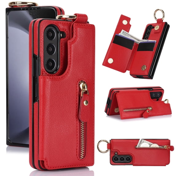 Allytech Flip Wallet Case for Samsung Galaxy Z Fold6, Luxury PU Leather Ring Kickstand Ring Finger Cover with Zipper Pocket Card Slots, Slim Shockproof Drop Protection Case for Galaxy Z Fold6, Red