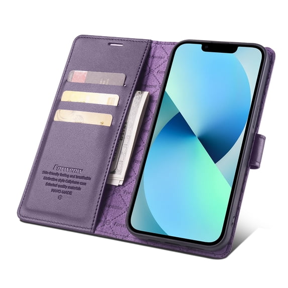 Allytech Flip Wallet Case for iPhone 13, with Credit Card Slots, Magnetic Clasp, Slim Thin RFID Blocking Premium PU Leather Shockproof Kickstand Cover Case for Women Men - Purple