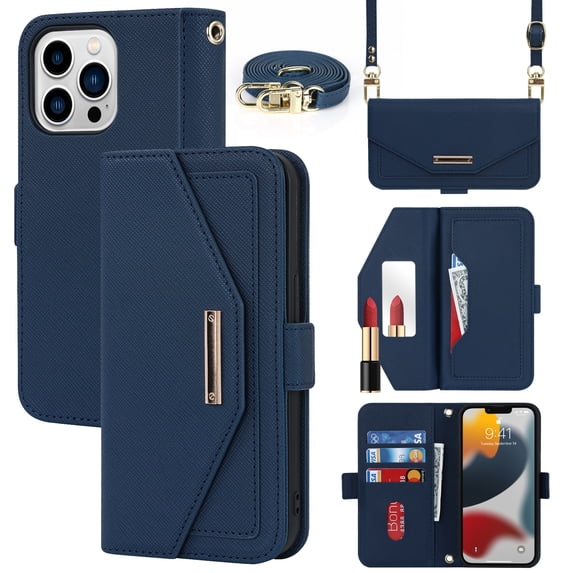 Allytech Flip Wallet Case for iPhone 13 Pro with Adjustable Crossbody Strap, Luxury PU Leather Kickstand Magnetic Closure Shockproof Protective Cover with Card Slots & Make-up Mirror - Blue