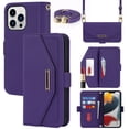 thumbnail image 1 of Allytech Flip Wallet Case for iPhone 13 Pro with Adjustable Crossbody Strap, Luxury PU Leather Kickstand Magnetic Closure Shockproof Protective Cover with Card Slots & Make-up Mirror - Purple, 1 of 7