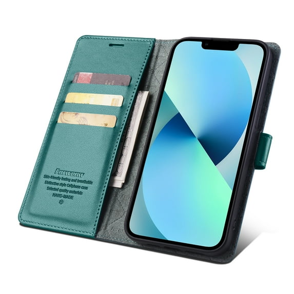 Allytech Flip Wallet Case for iPhone 14, with Credit Card Slots, Magnetic Clasp, Slim Thin RFID Blocking Premium PU Leather Shockproof Kickstand Cover Case for Women Men - Green
