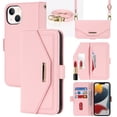 thumbnail image 1 of Allytech Flip Wallet Case for iPhone 15 Plus with Adjustable Crossbody Strap, Luxury PU Leather Kickstand Magnetic Closure Shockproof Protective Cover with Card Slots & Make-up Mirror - Pink, 1 of 7
