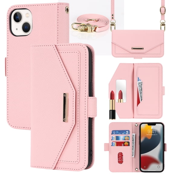 Allytech Flip Wallet Case for iPhone 15 Plus with Adjustable Crossbody Strap, Luxury PU Leather Kickstand Magnetic Closure Shockproof Protective Cover with Card Slots & Make-up Mirror - Pink