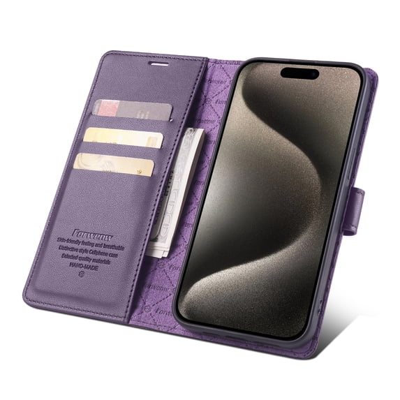 Allytech Flip Wallet Case for iPhone 15 Plus, with Credit Card Slots, Magnetic Clasp, Slim Thin RFID Blocking Premium PU Leather Shockproof Kickstand Cover Case for Women Men - Purple