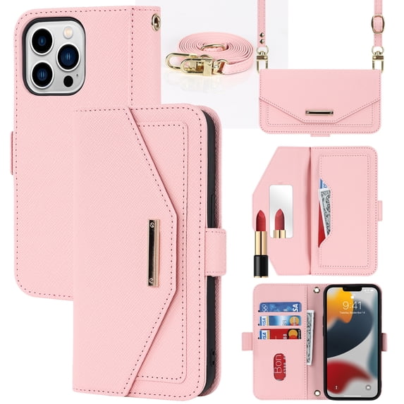 Allytech Flip Wallet Case for iPhone 15 Pro with Adjustable Crossbody Strap, Luxury PU Leather Kickstand Magnetic Closure Shockproof Protective Cover with Card Slots & Make-up Mirror - Pink