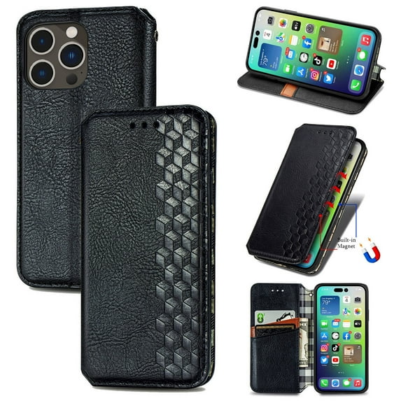 Allytech Flip Wallet Case for iPhone 15 Pro Max, Premium PU Leather Luxury Case with Kickstand & Card Slots, Strong Magnetic Closure Inner Soft TPU Shockproof Protective Case for Women Men - Black