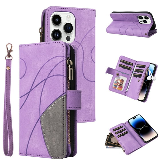 Allytech Flip Wallet Case for iPhone 15 Pro Max, Vintage PU Leather Folio Stand Shockproof Zipper Pocket 9 Cards Slots Protective Wallet Case Cover for Apple iPhone 15 Pro Max 6.7" - Purple