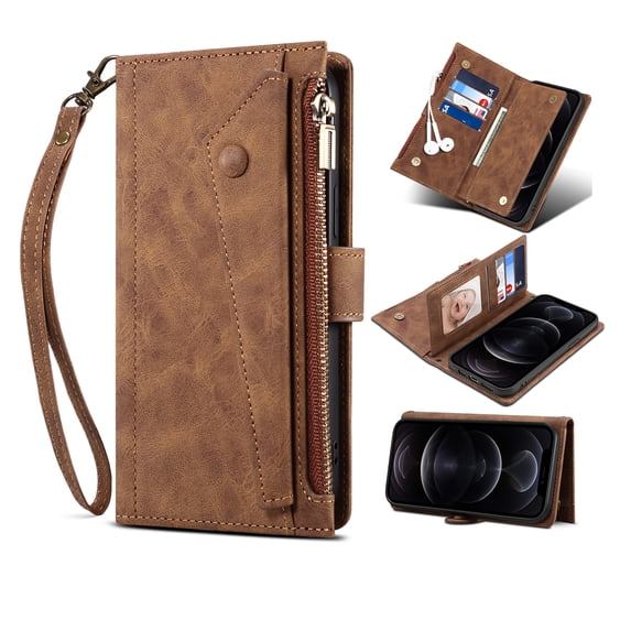 Allytech Flip Wallet Case for iPhone 15 Pro Max, Zipper Pocket Card Slots Kickstand Case with Shoulder Strap & Wrist Strap, Premium PU Leather Magnetic Clasp Shockproof Anti-Drop Case - Brown