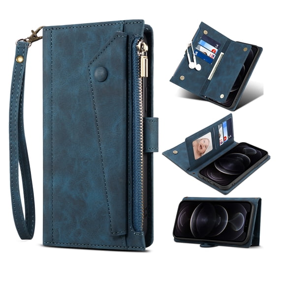 Allytech Flip Wallet Case for iPhone 15 Pro Max, Zipper Pocket Card Slots Kickstand Case with Shoulder Strap & Wrist Strap, Premium PU Leather Magnetic Clasp Shockproof Anti-Drop Case - Darkblue