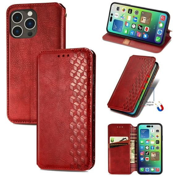 Allytech Flip Wallet Case for iPhone 15 Pro, Premium PU Leather Luxury Case with Kickstand & Card Slots, Strong Magnetic Closure Inner Soft TPU Shockproof Protective Case for Women Men - Red