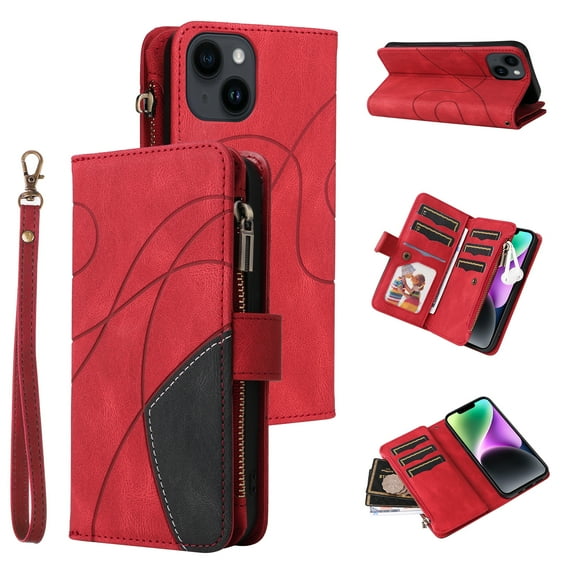 Allytech Flip Wallet Case for iPhone 15, Vintage PU Leather Folio Stand Shockproof Zipper Pocket 9 Cards Slots Protective Wallet Case Cover for Apple iPhone 15 6.1" - Red