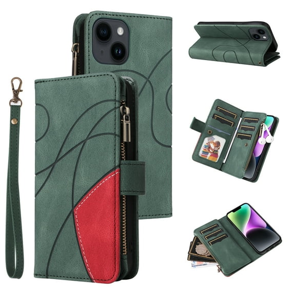 Allytech Flip Wallet Case for iPhone 15, Vintage PU Leather Folio Stand Shockproof Zipper Pocket 9 Cards Slots Protective Wallet Case Cover for Apple iPhone 15 6.1" - Green