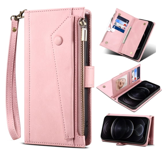 Allytech Flip Wallet Case for iPhone 15, Zipper Pocket Card Slots Kickstand Case with Shoulder Strap & Wrist Strap, Premium PU Leather Magnetic Clasp Shockproof Anti-Drop Case - Rosegold