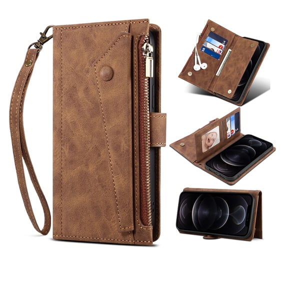 Allytech Flip Wallet Case for iPhone 16, Zipper Pocket Card Slots Kickstand Case with Shoulder Strap & Wrist Strap, Premium PU Leather Magnetic Clasp Shockproof Anti-Drop Case - Brown