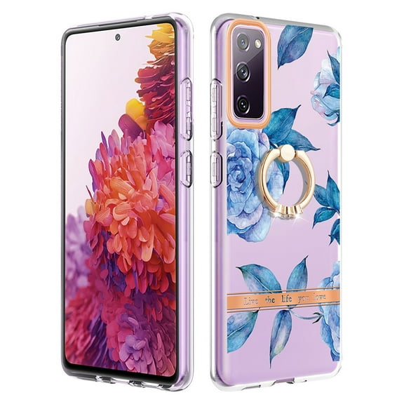 Allytech Floral Design Series Slim Shell Ring Holder Kickstand Shockproof Soft TPU Back Cover Cell Phone Case for Samsung Galaxy S20 FE 5G/ S20 Lite,Blue Flower