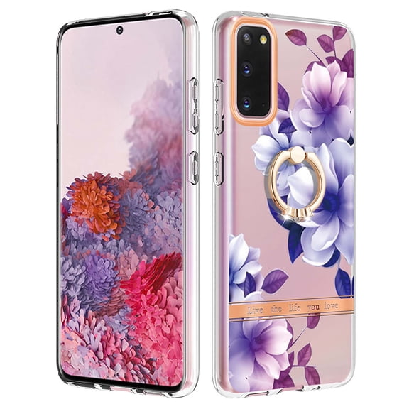 Allytech Floral Design Series Slim Shell Ring Holder Kickstand Shockproof Soft TPU Back Cover Cell Phone Case for Samsung Galaxy S20 Plus,Purple Flower