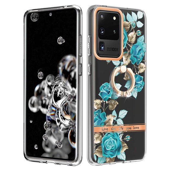 Allytech Floral Design Series Slim Shell Ring Holder Kickstand Shockproof Soft TPU Back Cover Cell Phone Case for Samsung Galaxy S20 Ultra,Green Flower