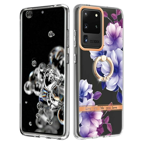 Allytech Floral Design Series Slim Shell Ring Holder Kickstand Shockproof Soft TPU Back Cover Cell Phone Case for Samsung Galaxy S20 Ultra,Purple Flower
