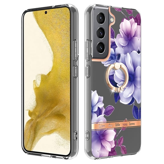 Allytech Floral Design Series Slim Shell Ring Holder Kickstand Shockproof Soft TPU Back Cover Cell Phone Case for Samsung Galaxy S24 Plus,Purple Flower