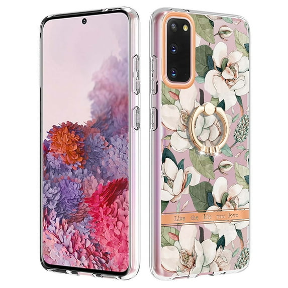 Allytech Floral Design Series Slim Shell Ring Holder Kickstand Shockproof Soft TPU Back Cover Cell Phone Case for Samsung Galaxy S20,Flower