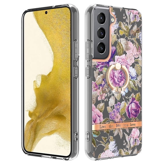 Allytech Floral Design Series Slim Shell Ring Holder Kickstand Shockproof Soft TPU Back Cover Cell Phone Case for Samsung Galaxy S23,Rose