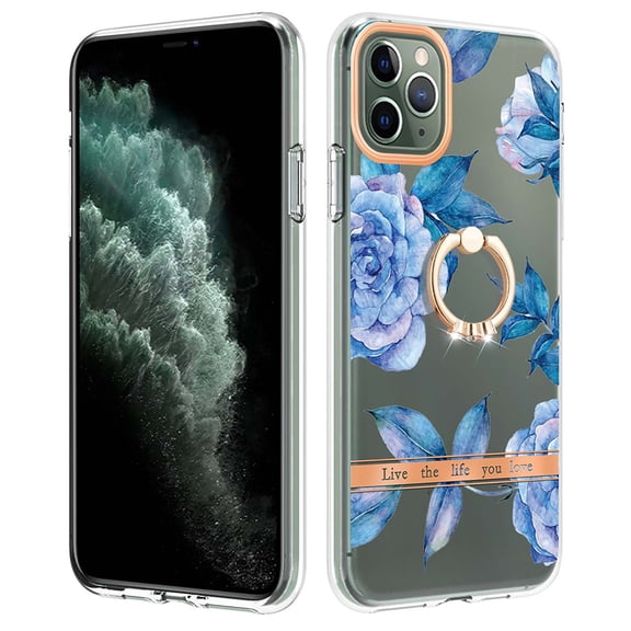 Allytech Floral Series Soft TPU Back Cover Ring Holder Kickstand Bumper Translucent Shockproof Slim Shell Cell Phone Case Cover for Apple iPhone 12 Pro Max, Blue Flower