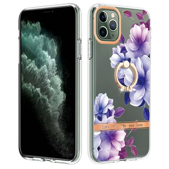 Allytech Floral Series Soft TPU Back Cover Ring Holder Kickstand Bumper Translucent Shockproof Slim Shell Cell Phone Case Cover for Apple iPhone 12 Pro Max, Purple Flower