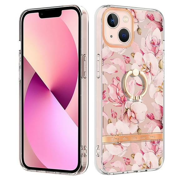 Allytech Floral Series Soft TPU Back Cover Ring Holder Kickstand Bumper Translucent Shockproof Slim Shell Cell Phone Case Cover for Apple iPhone 13, Pink Flower