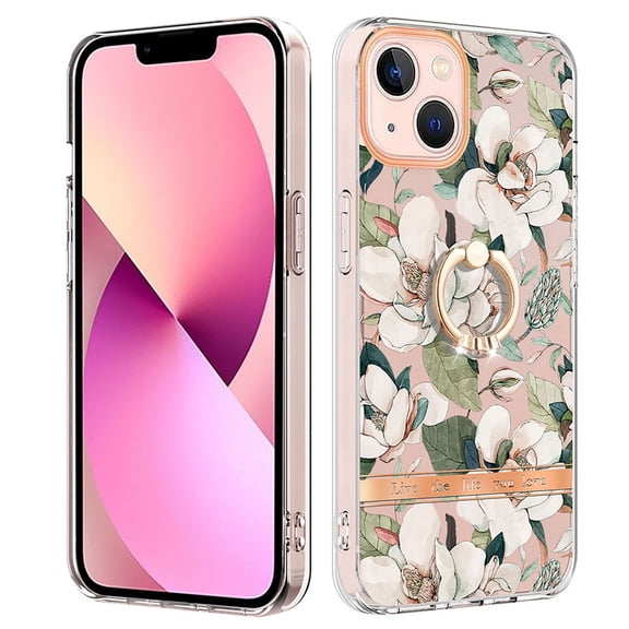 Allytech Floral Series Soft TPU Back Cover Ring Holder Kickstand Bumper Translucent Shockproof Slim Shell Cell Phone Case Cover for Apple iPhone 14, Flower
