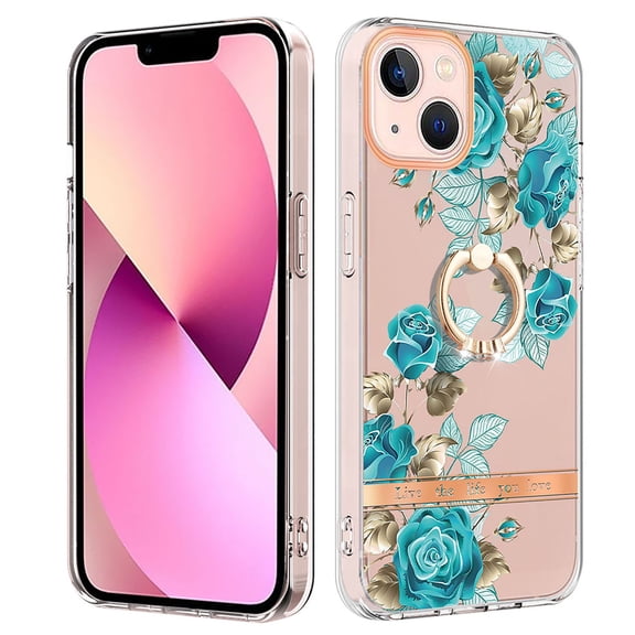 Allytech Floral Series Soft TPU Back Cover Ring Holder Kickstand Bumper Translucent Shockproof Slim Shell Cell Phone Case Cover for Apple iPhone 14, Green Flower
