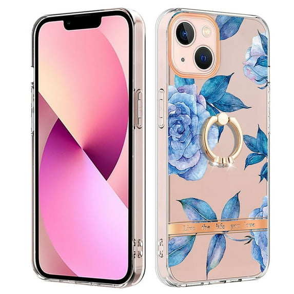Allytech Floral Series Soft TPU Back Cover Ring Holder Kickstand Bumper Translucent Shockproof Slim Shell Cell Phone Case Cover for Apple iPhone 15, Blue Flower
