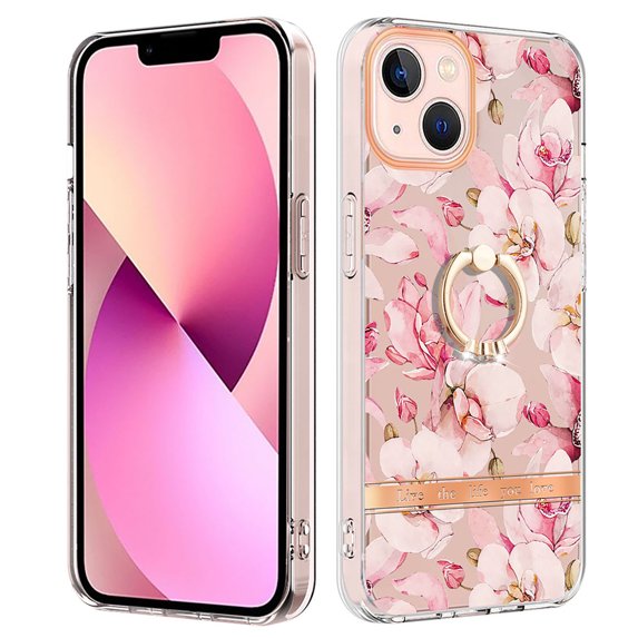 Allytech Floral Series Soft TPU Back Cover Ring Holder Kickstand Bumper Translucent Shockproof Slim Shell Cell Phone Case Cover for Apple iPhone 15 Pro Max, Pink Flower