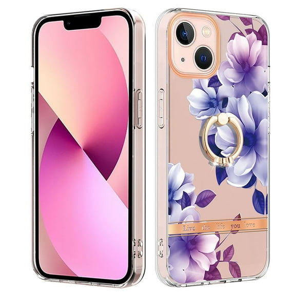 Allytech Floral Series Soft TPU Back Cover Ring Holder Kickstand Bumper Translucent Shockproof Slim Shell Cell Phone Case Cover for Apple iPhone 13 mini, Purple Flower