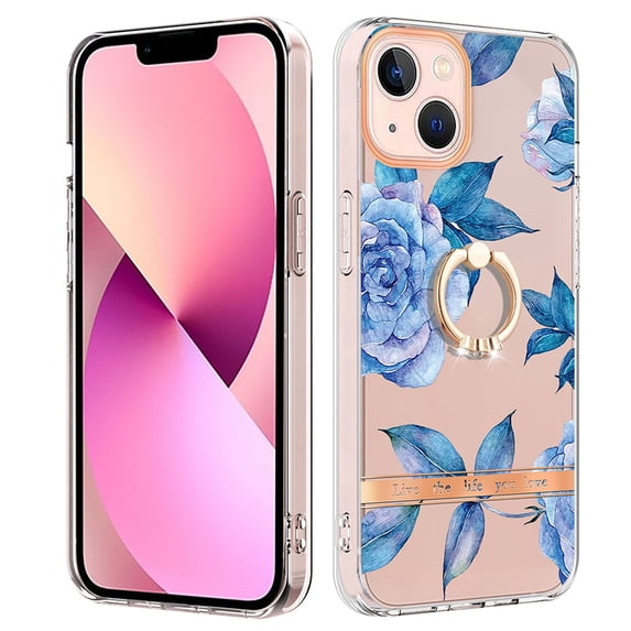Allytech Floral Series Soft TPU Back Cover Ring Holder Kickstand Bumper Translucent Shockproof Slim Shell Cell Phone Case Cover for Apple iPhone 13 mini, Blue Flower