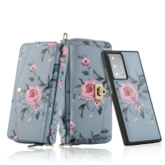 Allytech Flower Case for Galaxy Note 20 Wallet Cover for Women, PU Leather Detachable Luxury RFID Protected Card Holder Case with Hand/Shoulder Strap Case for Samsung Galaxy Note 20 6.7" 2020, Grey