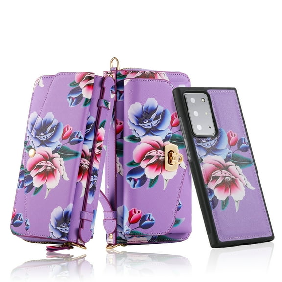 Allytech Flower Case for Galaxy Note 20 Wallet Cover for Women, PU Leather Detachable Luxury RFID Protected Card Holder Case with Hand/Shoulder Strap Case for Samsung Galaxy Note 20 6.7" 2020, Purple