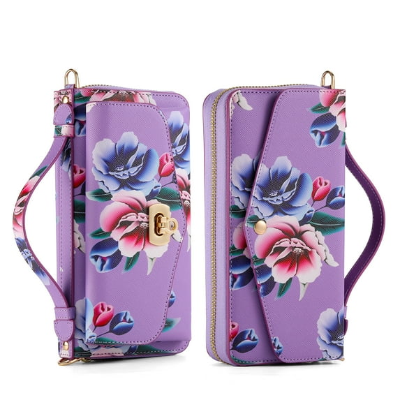 Allytech Flower Case for Galaxy S22 Ultra Wallet Cover for Women, PU Leather Detachable Luxury RFID Protected Card Holder Case with Hand/Shoulder Strap for Samsung Galaxy S22 Ultra 6.8" 2022, Purple